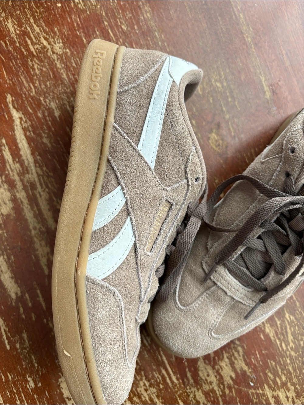 Reebok  Suede Sneakers in Taupe with White Stripes